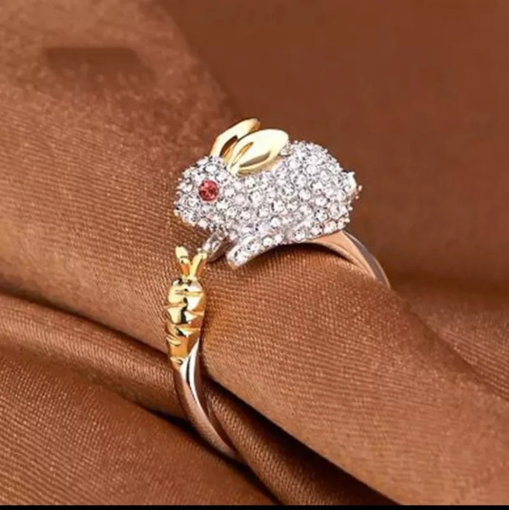Rabbit bunny crystal ring adjustable sz 7 8 9 new Easter spring carrot 925 - Picture 2 of 12